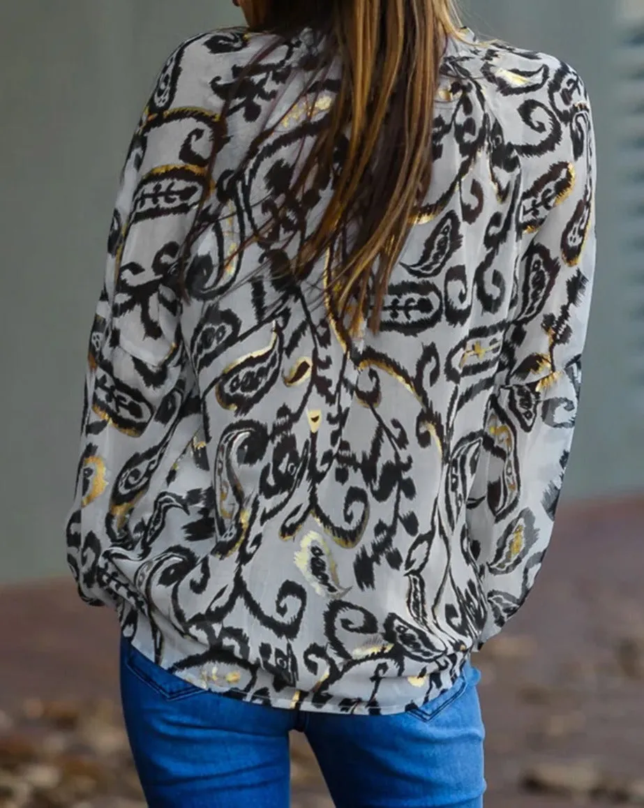 Metallic Paisley Puff Sleeve Blouse