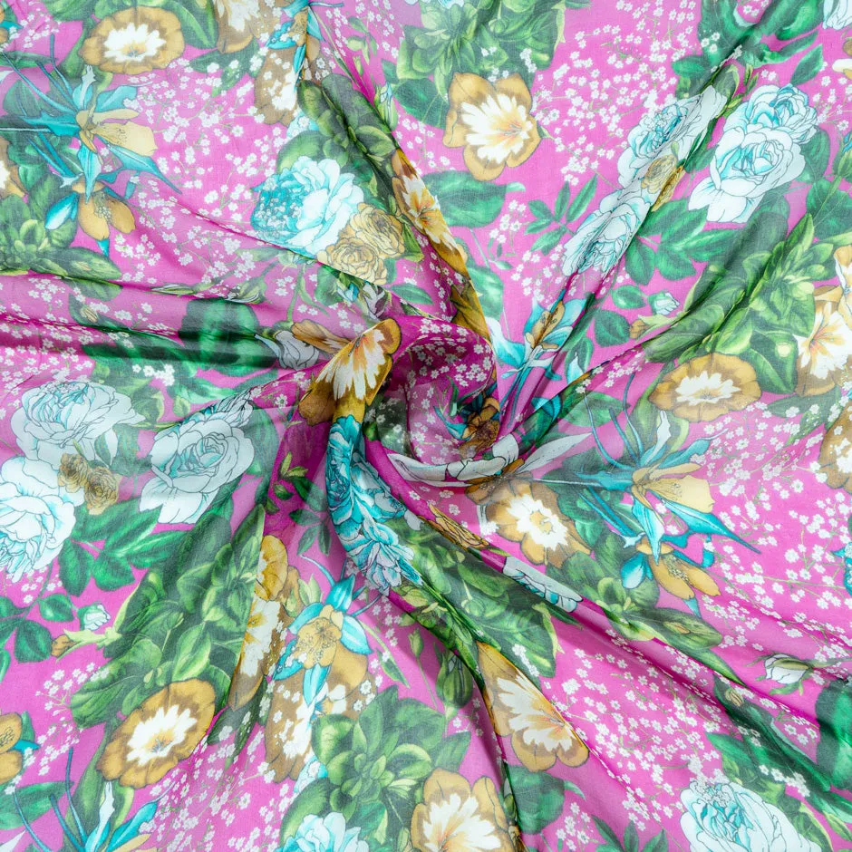 Multi Floral Printed Magenta Pure Silk Chiffon