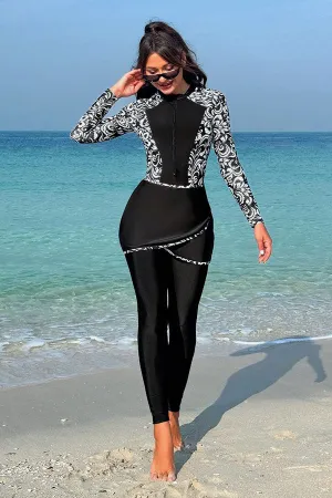 Muslim Modest One-Piece Long Sleeve Swimsuit UPF50  Rash Guard With Skirt And Pants