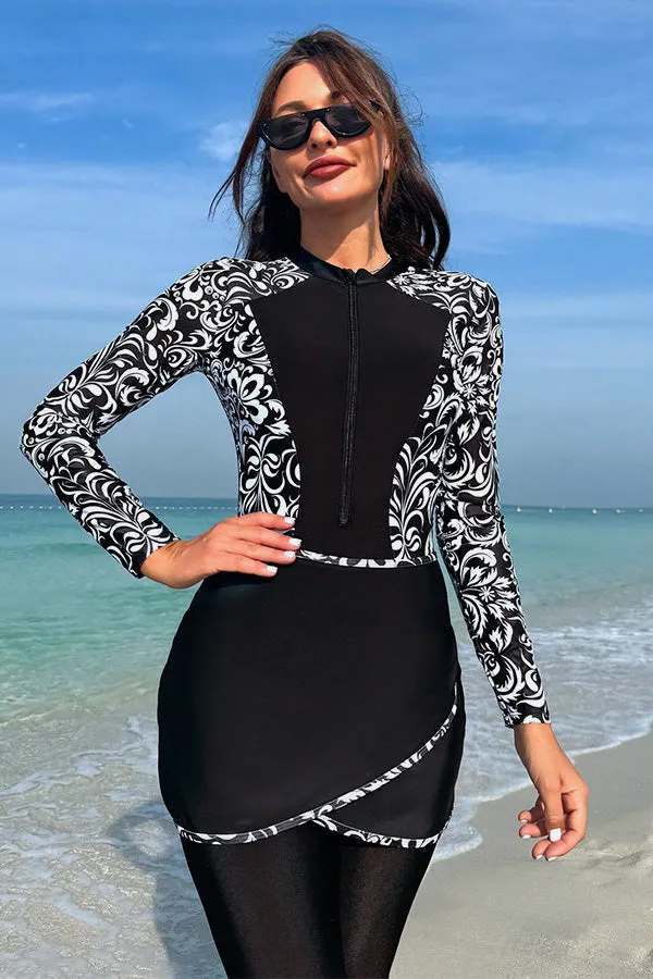 Muslim Modest One-Piece Long Sleeve Swimsuit UPF50  Rash Guard With Skirt And Pants