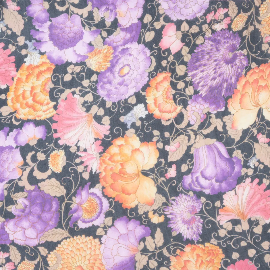 Orange & Purple Floral Printed Black Pure Silk Chiffon