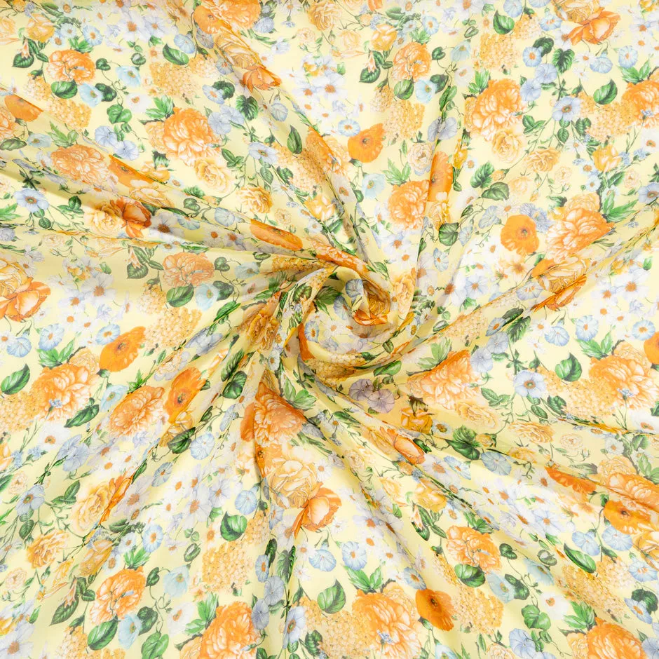 Orange Floral Printed Yellow Pure Silk Chiffon