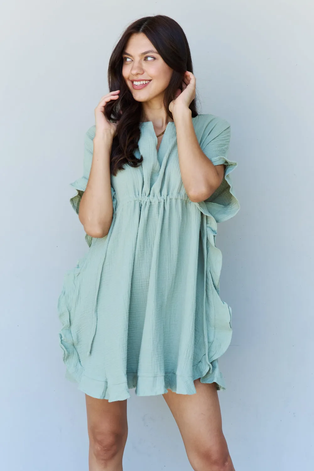 Out Of Time Full Size Ruffle Hem Dress with Drawstring Waistband in Light Sage