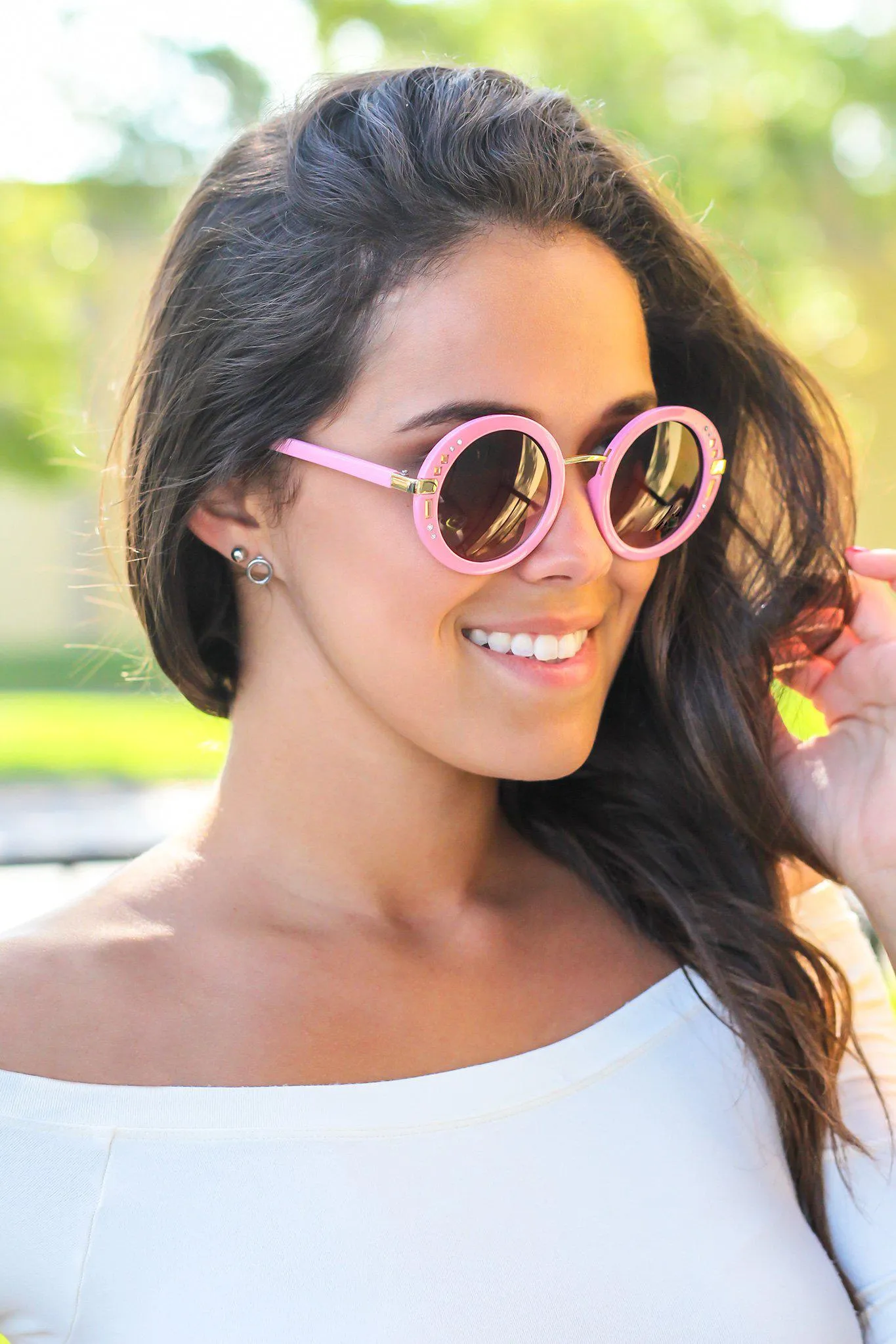 Pink Round Sunglasses with Gold Detail