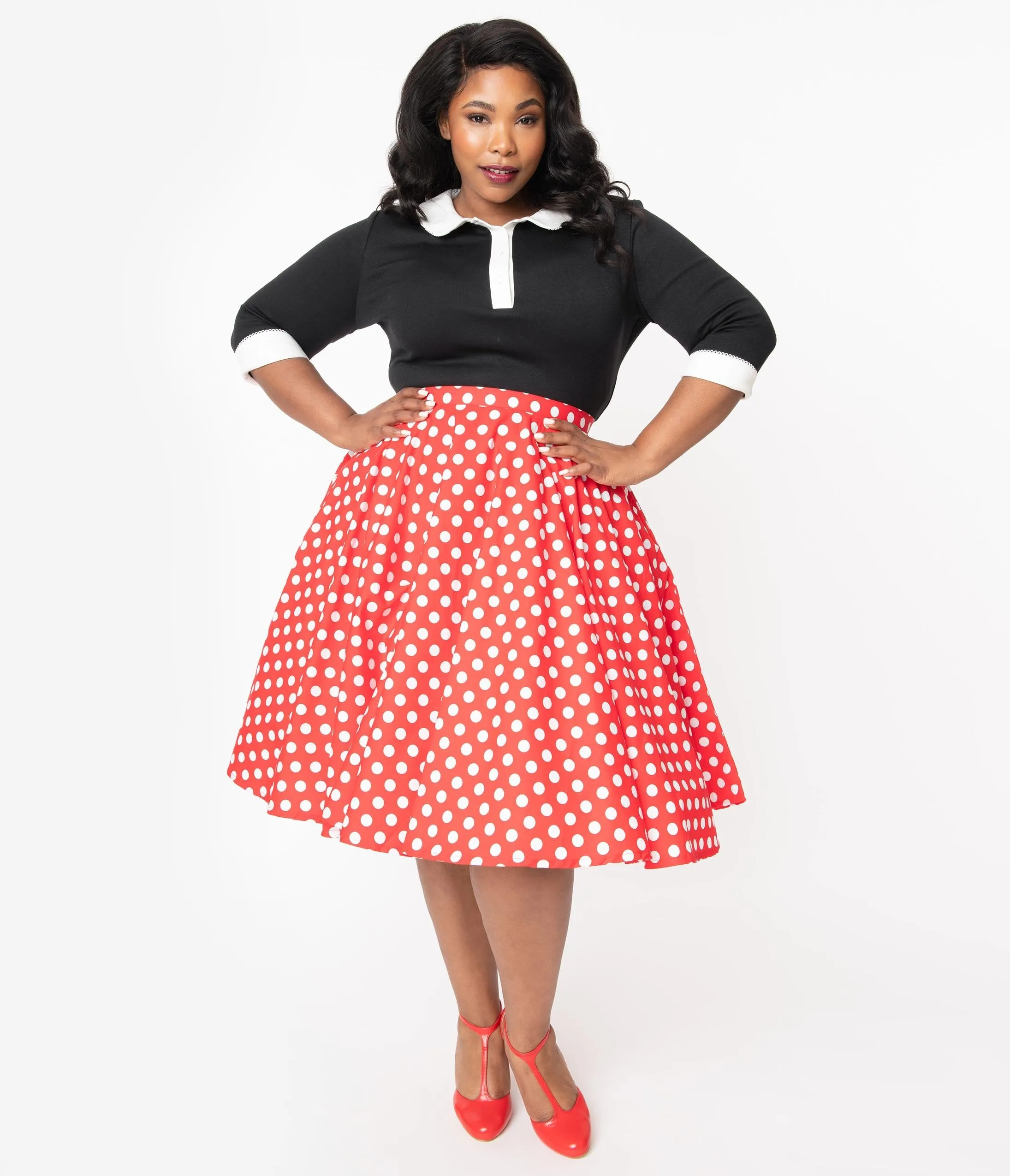 Plus Size 1950s Style Red & White Polka Dot Swing Skirt