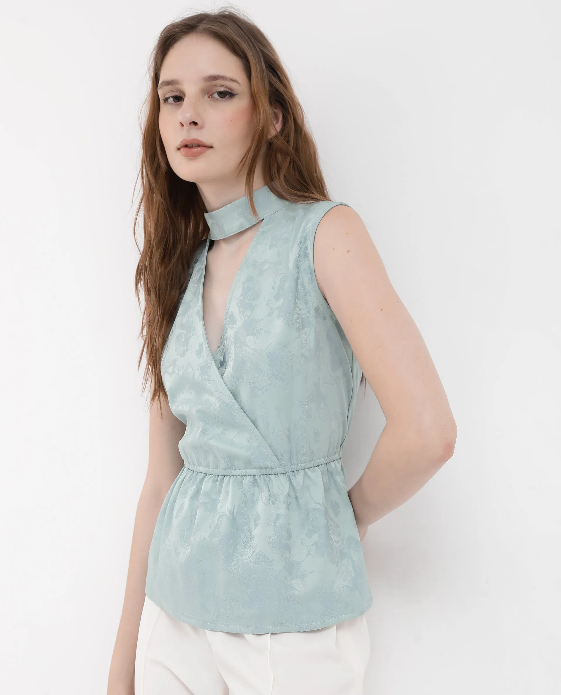 Rareism Women Cupid Light Blue Polyester Fabric Sleeveless Cut Away Collar Textured Top