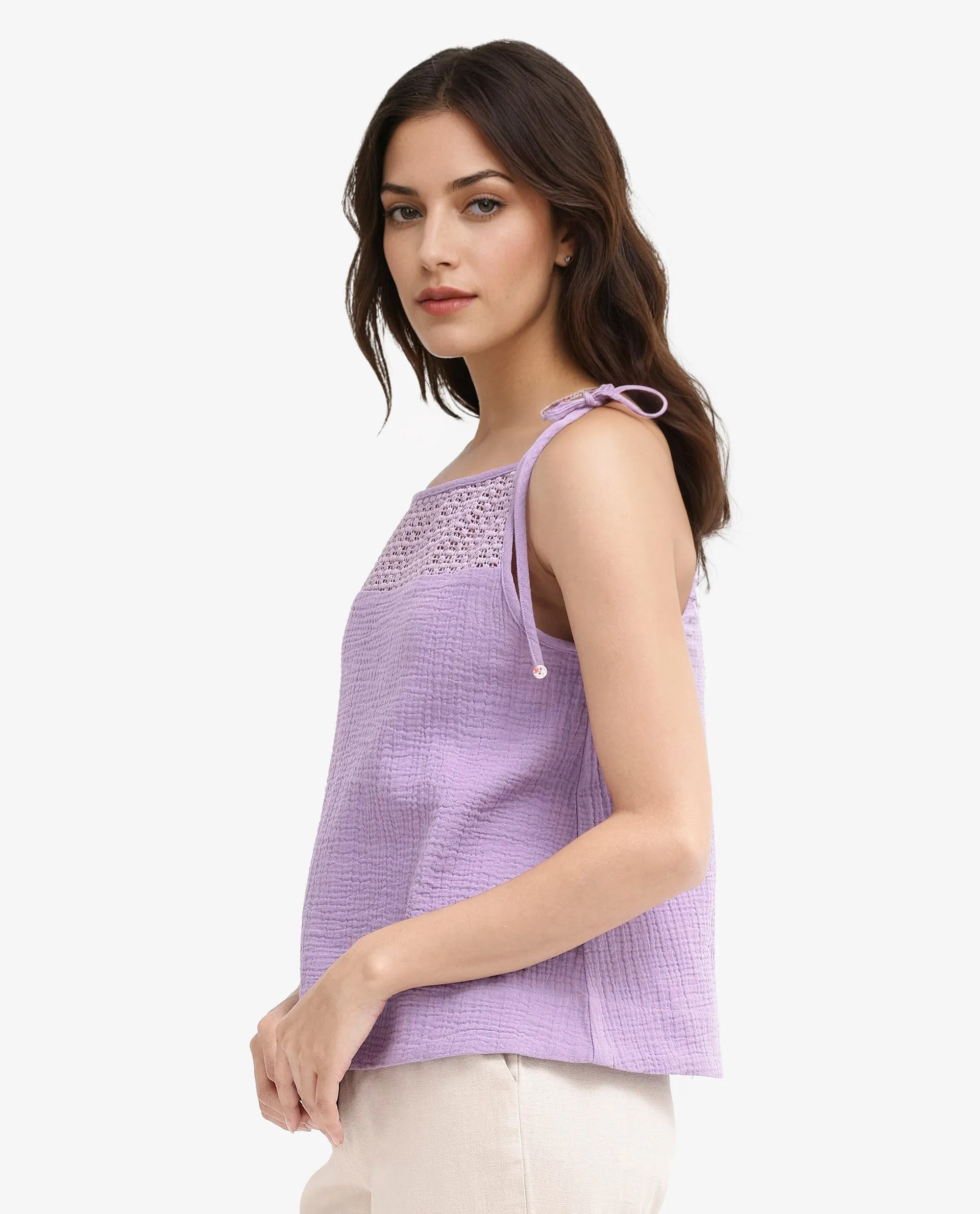 Rareism Women Jordyn-T Pastel Purple Cotton Fabric Sleeveless Shoulder Straps Tie Up Closure Plain Top