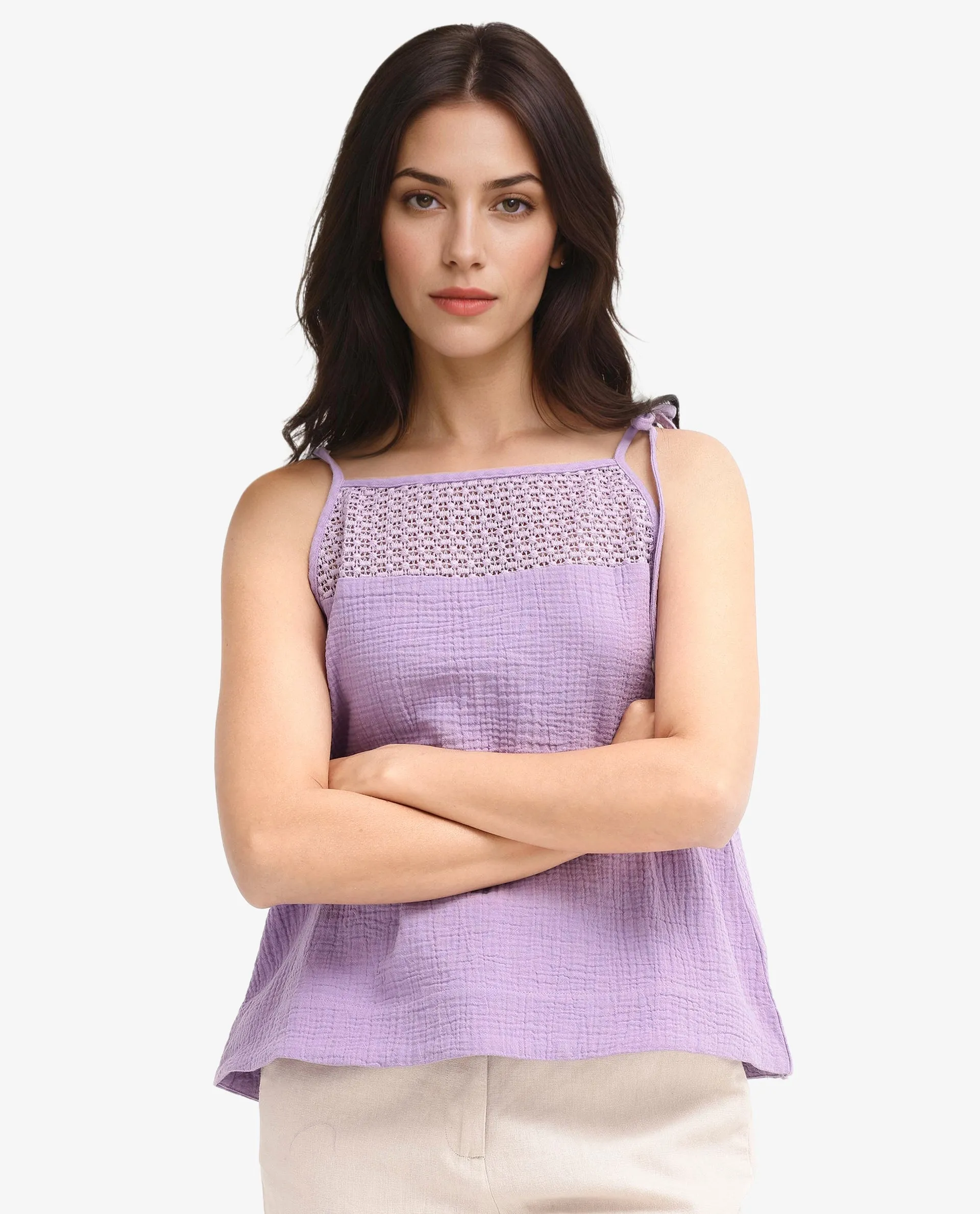 Rareism Women Jordyn-T Pastel Purple Cotton Fabric Sleeveless Shoulder Straps Tie Up Closure Plain Top