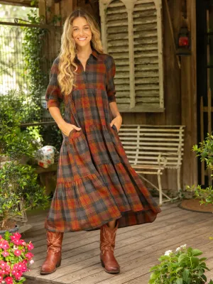 Rebecca Flannel Midi Dress - Black Orange Plaid