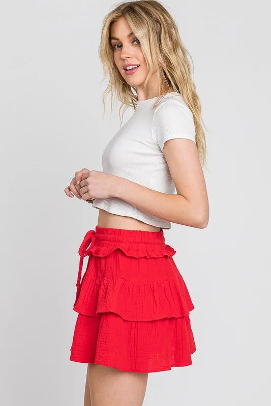 Red Washed Cotton Gauze Ruffle Skort