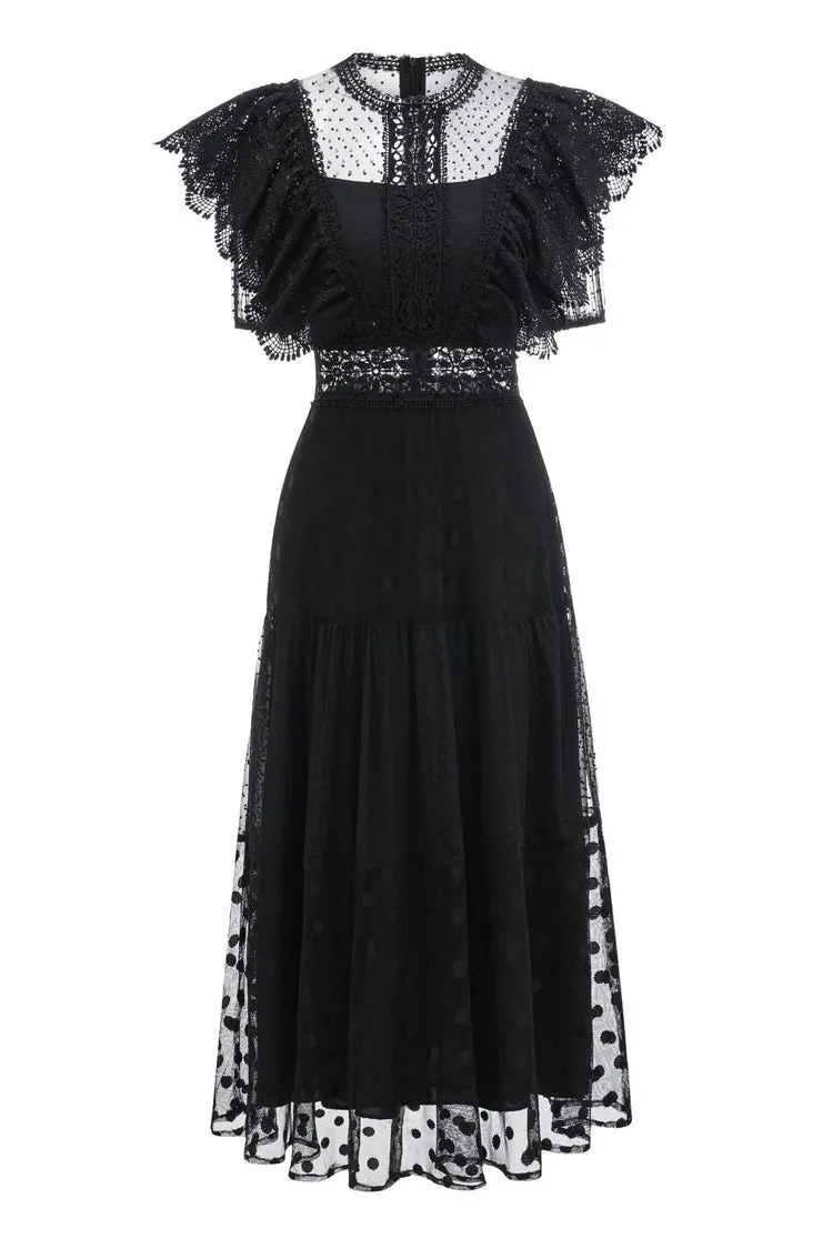 Retro Floral Embroidered Butterfly Sleeve Polka Dot Tulle Evening Maxi Dress