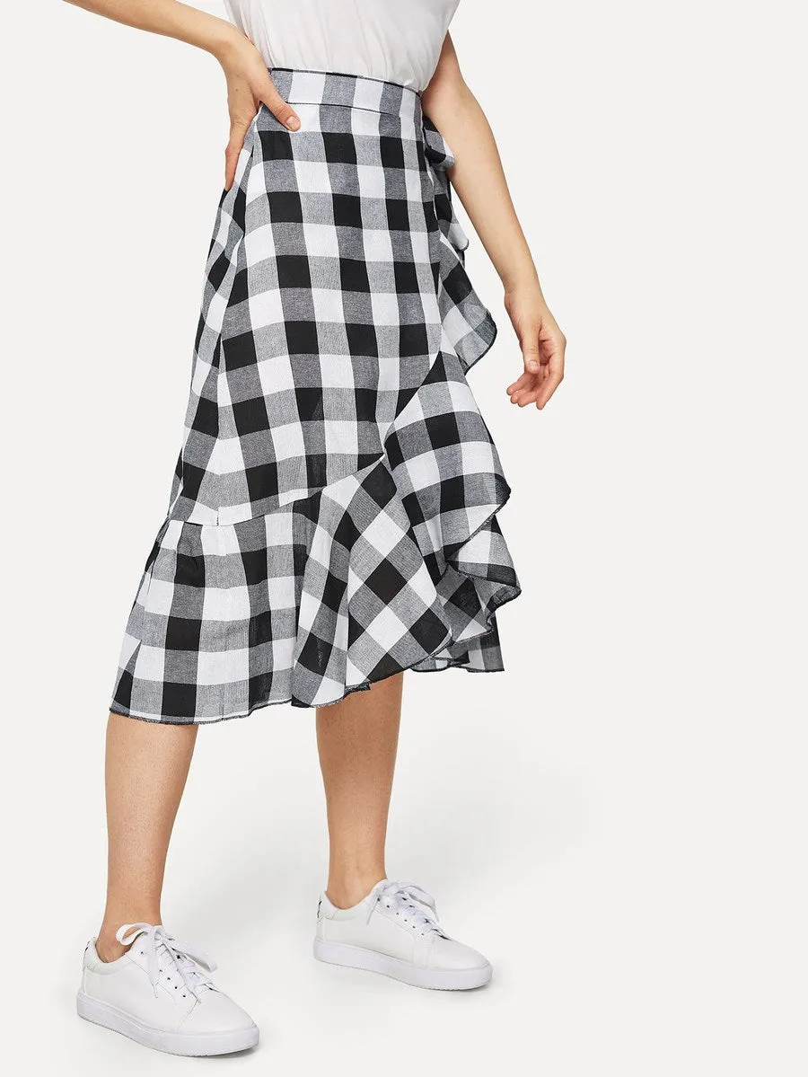 Ruffle Trim Gingham Skirt