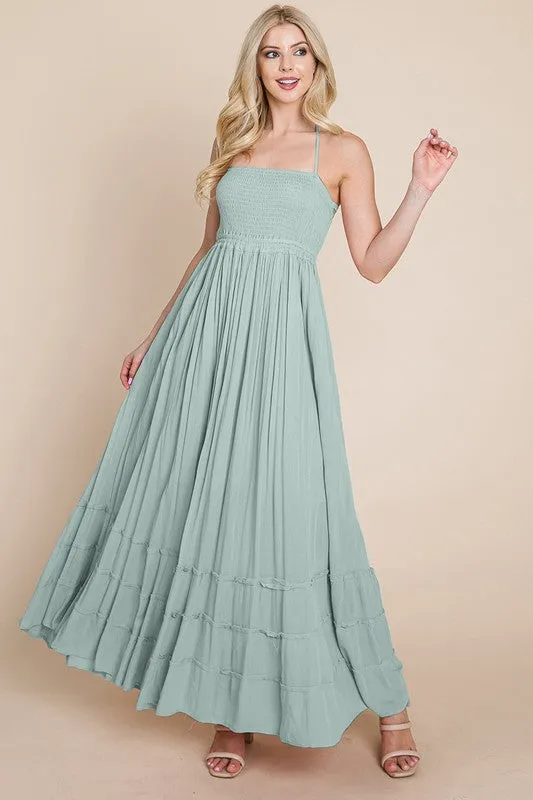 Sage Smocked Flowy Boho Pleated Backless Maxi Dress