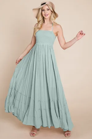 Sage Smocked Flowy Boho Pleated Backless Maxi Dress