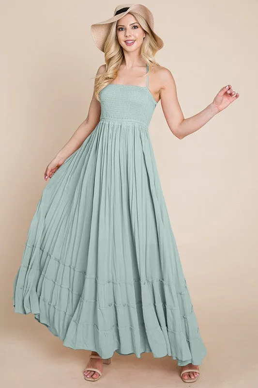 Sage Smocked Flowy Boho Pleated Backless Maxi Dress