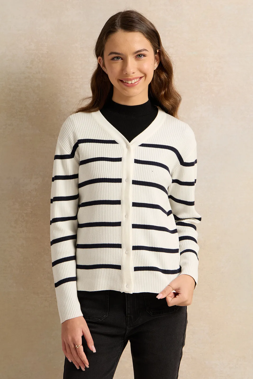 Senior Girls White Striped Sweater