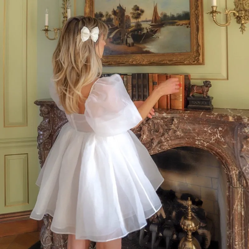 Sheer Organza Skirt Bandeau Puff Sleeve Mini Princess Dress