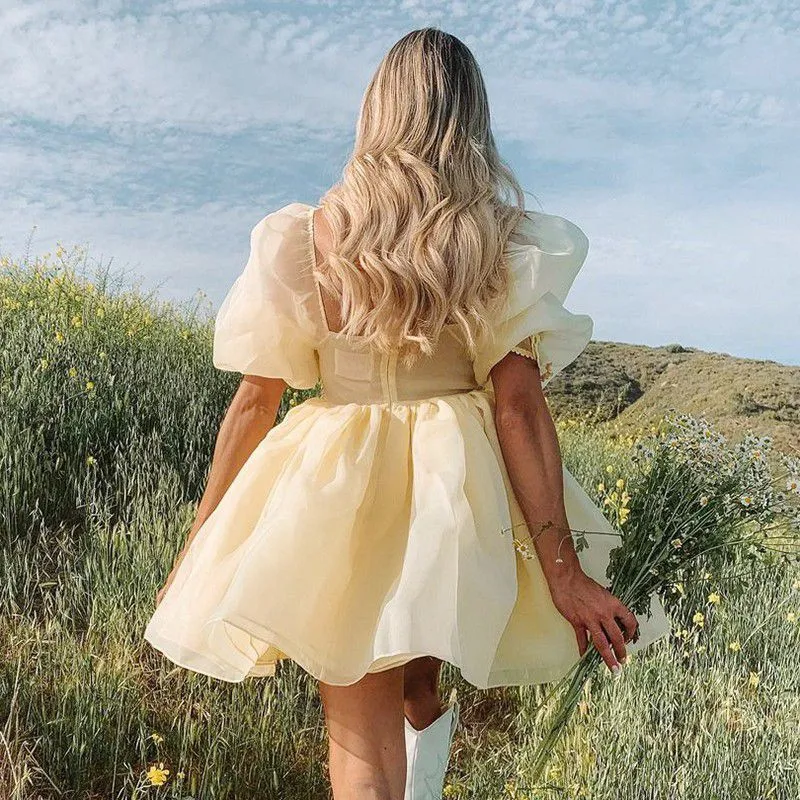 Sheer Organza Skirt Bandeau Puff Sleeve Mini Princess Dress