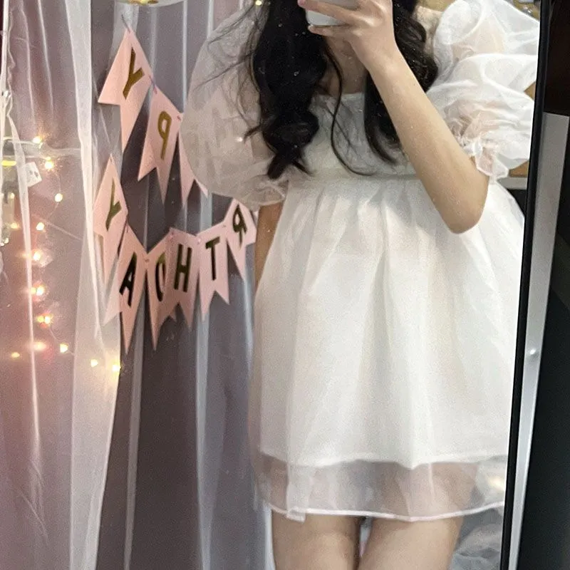 Sheer Organza Skirt Bandeau Puff Sleeve Mini Princess Dress