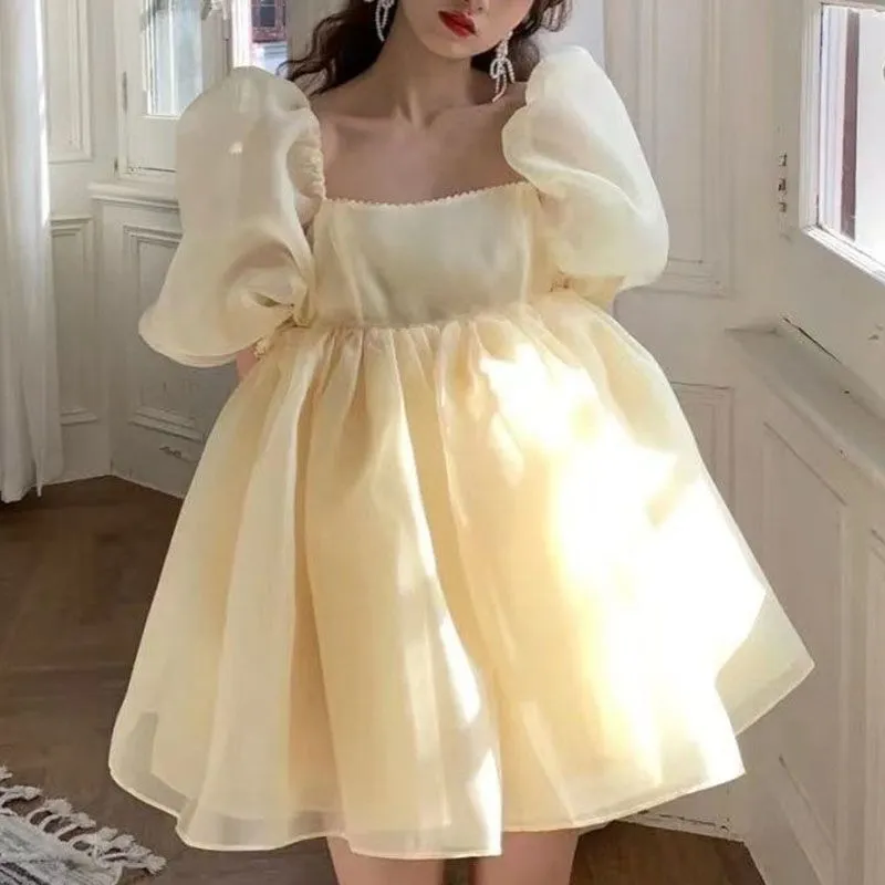 Sheer Organza Skirt Bandeau Puff Sleeve Mini Princess Dress