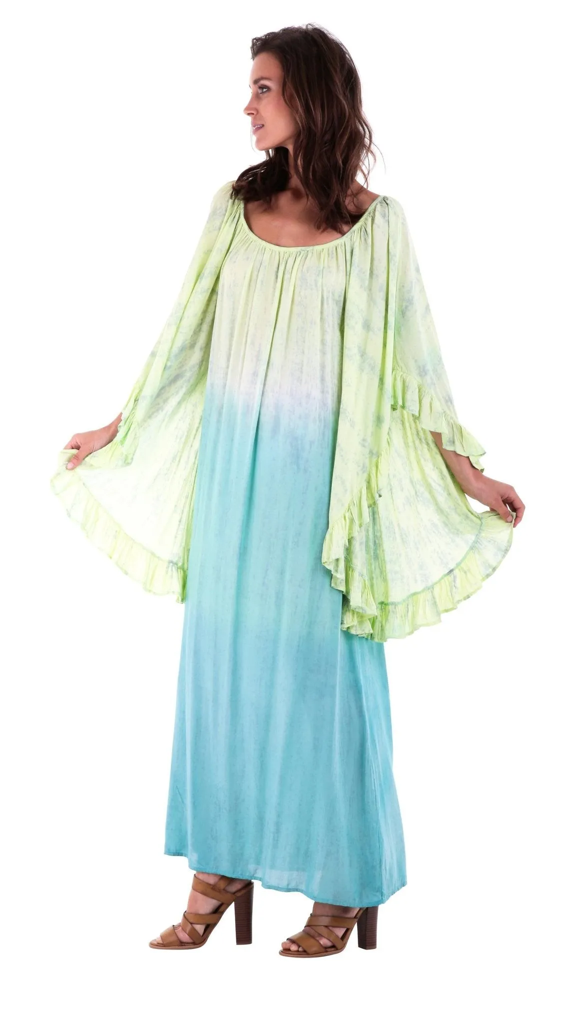 Shu-Shi Tie-Dye Caftan Dress with Trompette 3/4 Sleeves - Long, Lime/Turquoise, Small/Medium