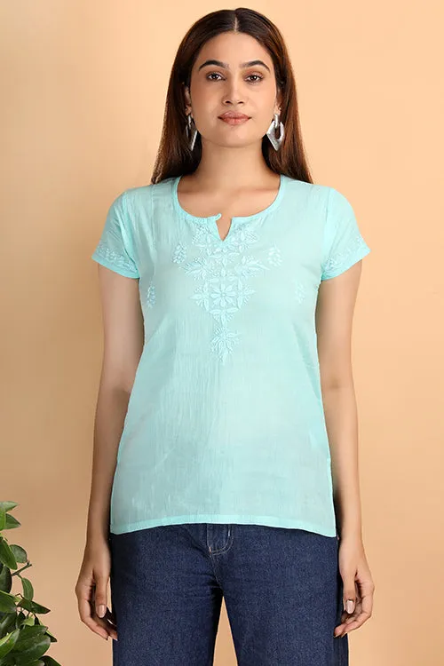 Shwet Women Sea Green Chikankari Cotton  Short Top