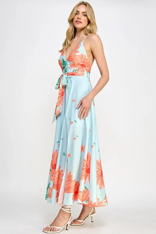 Sky Blue Floral Print Maxi Dress