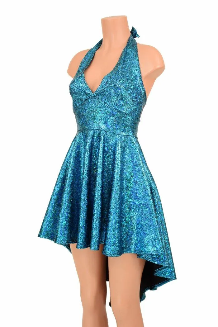 Turquoise Shattered Glass Hi Lo Halter Skater Dress