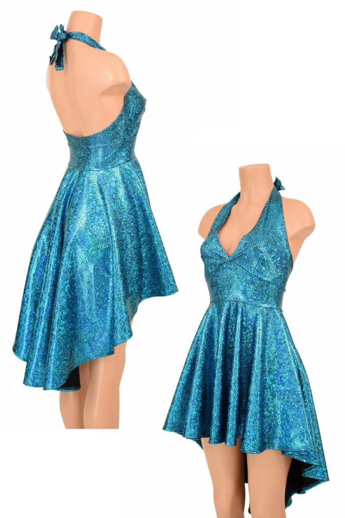 Turquoise Shattered Glass Hi Lo Halter Skater Dress