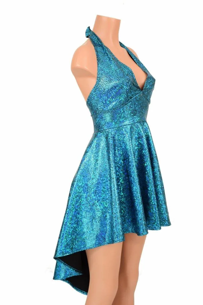 Turquoise Shattered Glass Hi Lo Halter Skater Dress