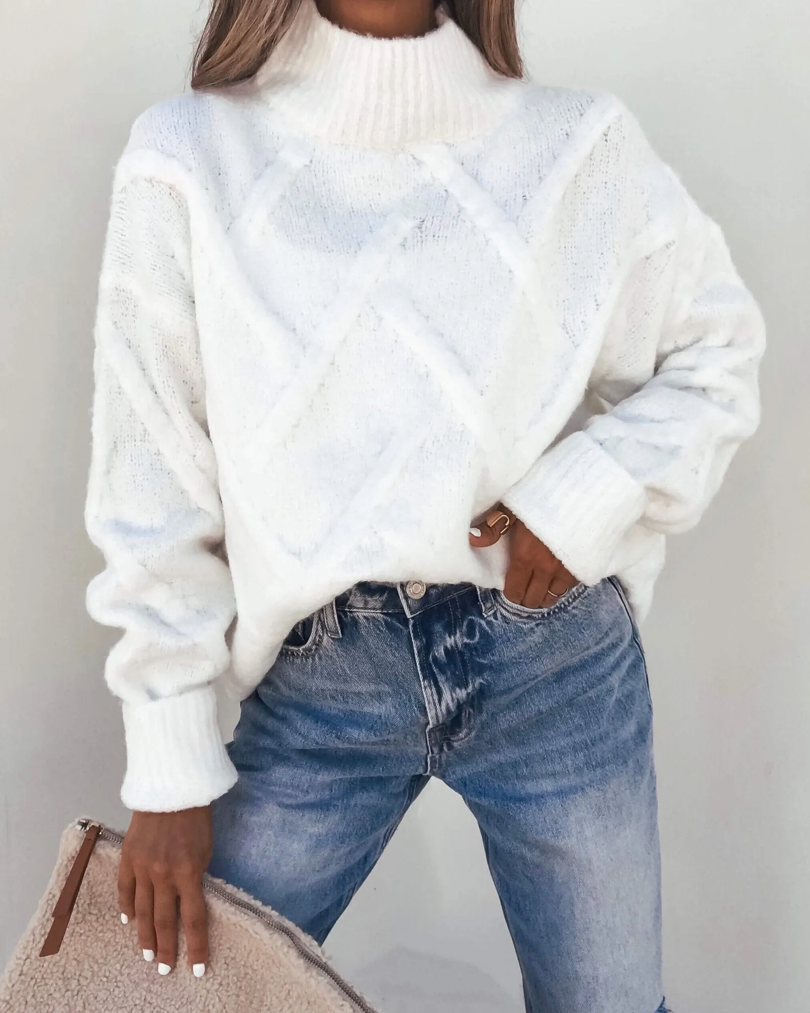 White Textured Mock Neck Sweater