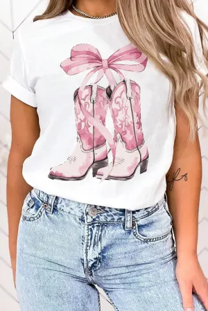 White Western Boots Pink Bow T Shirt