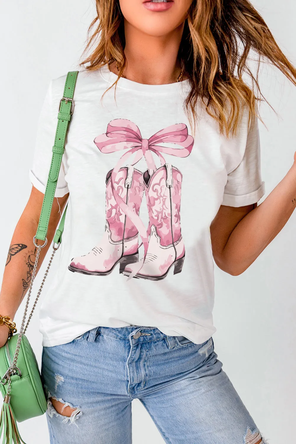 White Western Boots Pink Bow T Shirt