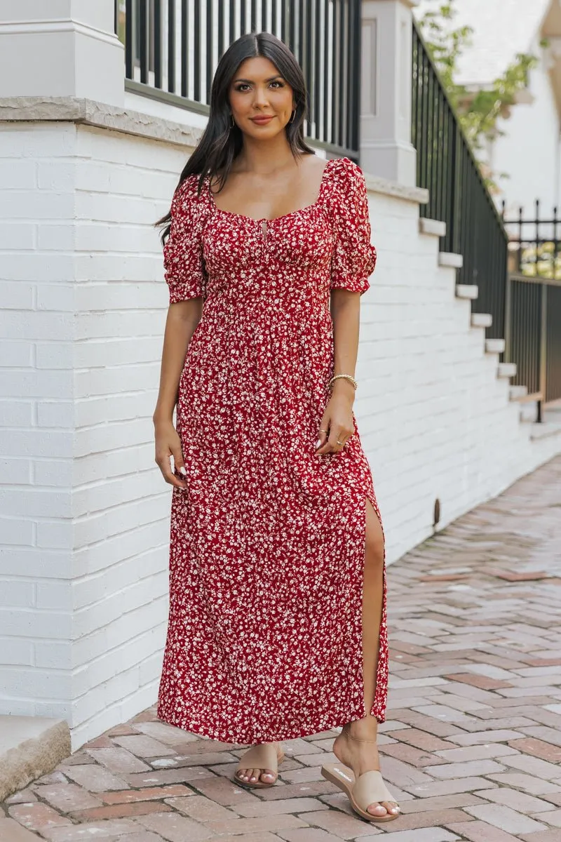 Wine Floral Print Smocked Maxi Dress - FINAL SALE