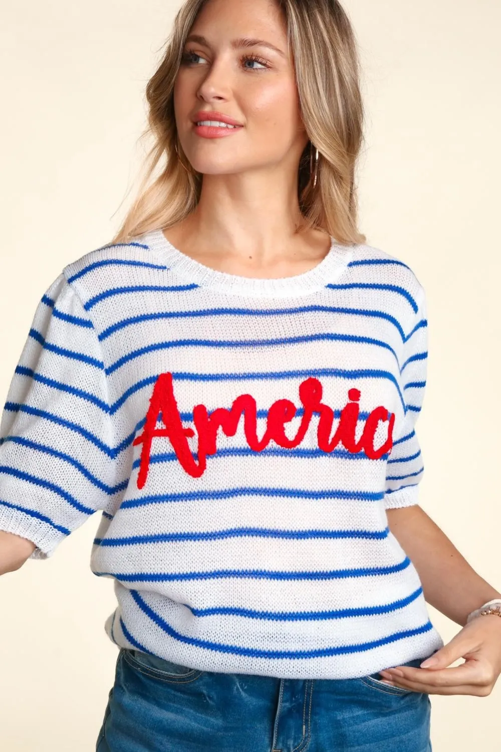 Women's Haptics Letter Embroidery Striped Knit Top