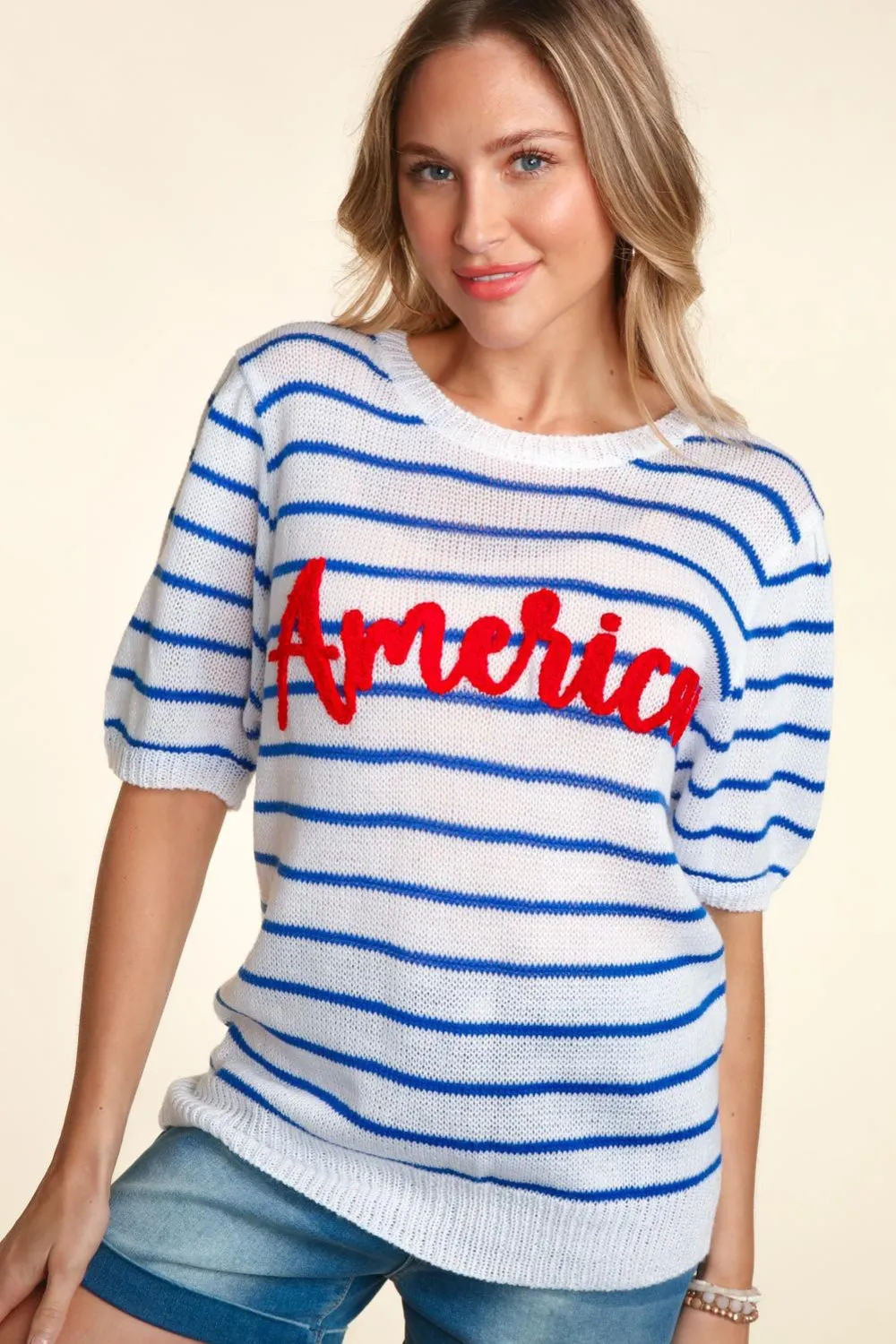 Women's Haptics Letter Embroidery Striped Knit Top